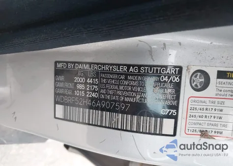 2006 Mercedes-Benz C 230 Sport z USA, uszkodzony, nr VIN WDBRF52H46A907597